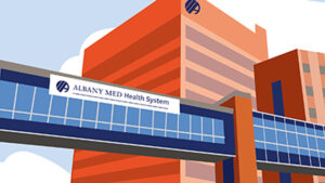 奥尔巴尼医疗中心外科医生的凉亭和高架人行道的图形插图。